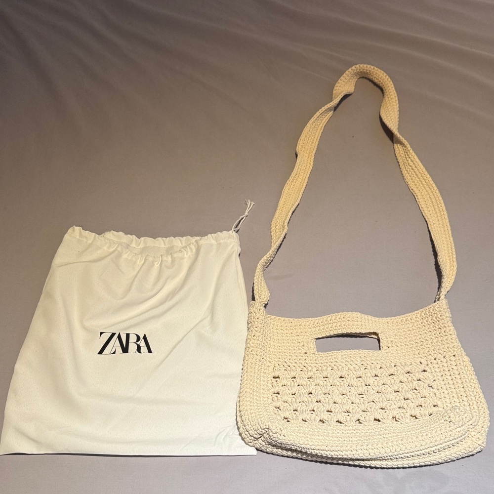 ZARA Cream Crochet Shoulder Bag with Long Strap